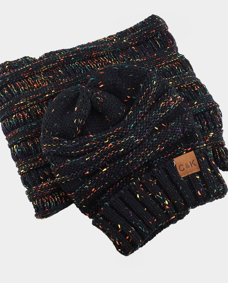 Acrylic Knit Beanie & Scarf Set – 100% Acrylic, Flecked Texture