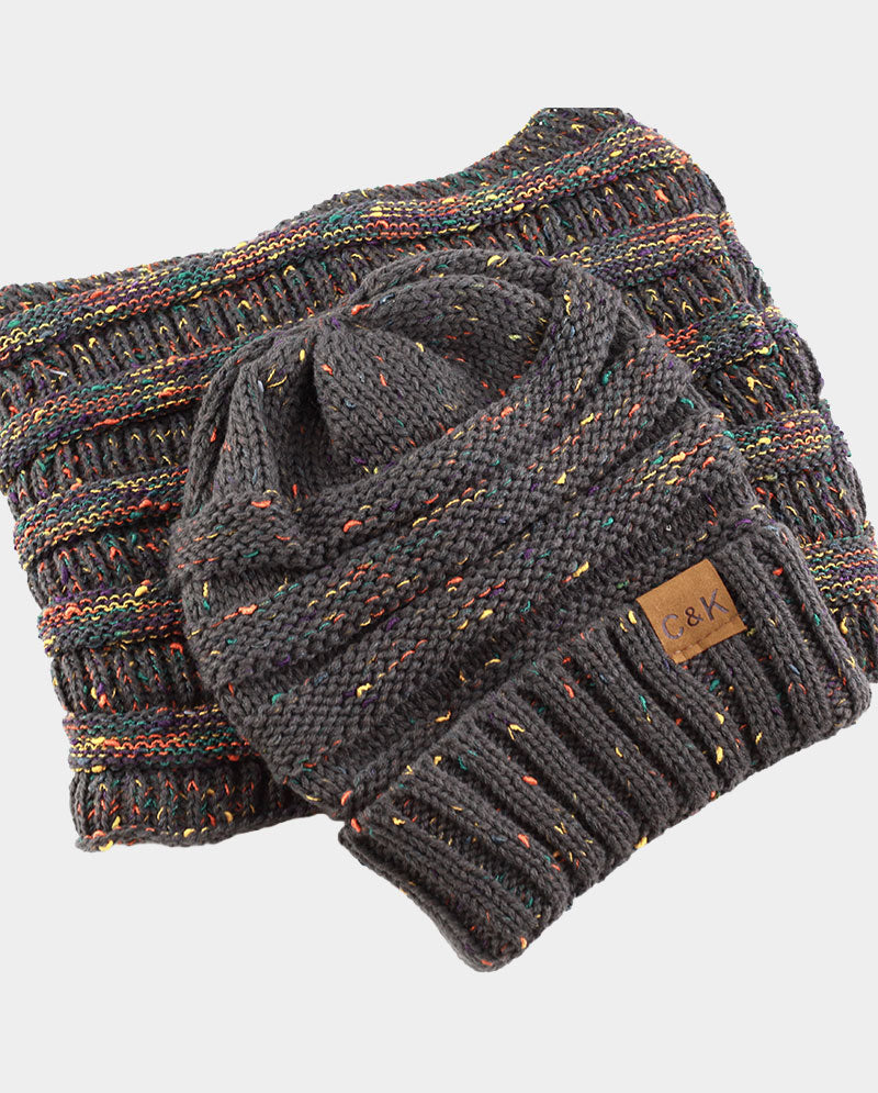 Acrylic Knit Beanie & Scarf Set – 100% Acrylic, Flecked Texture