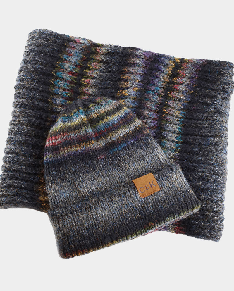Acrylic Knit Beanie & Scarf Set – 100% Acrylic, Triple-Stripe Knit Design