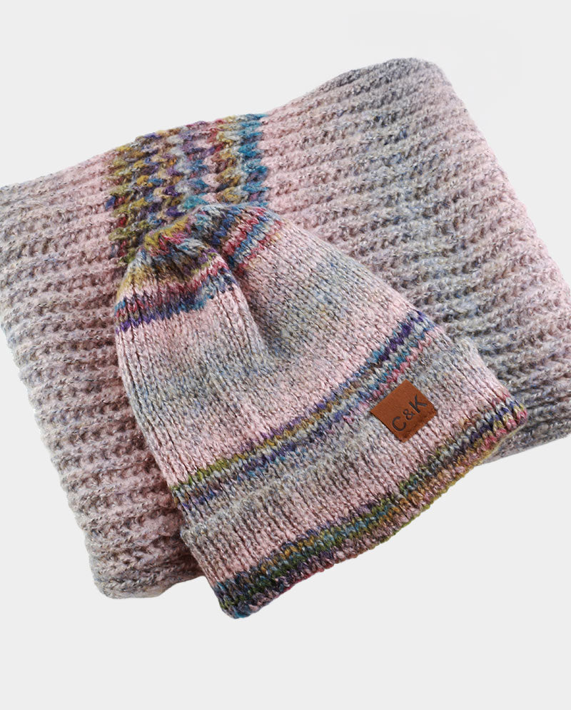 Acrylic Knit Beanie & Scarf Set – 100% Acrylic, Triple-Stripe Knit Design