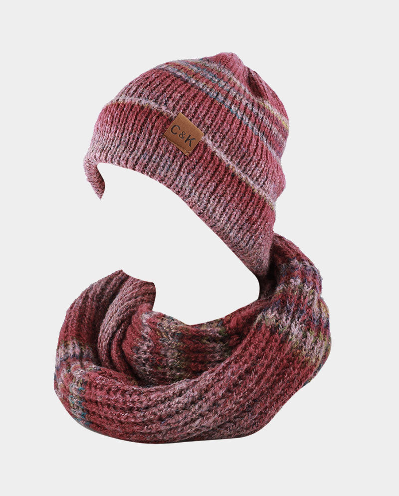Acrylic Knit Beanie & Scarf Set – 100% Acrylic, Triple-Stripe Knit Design