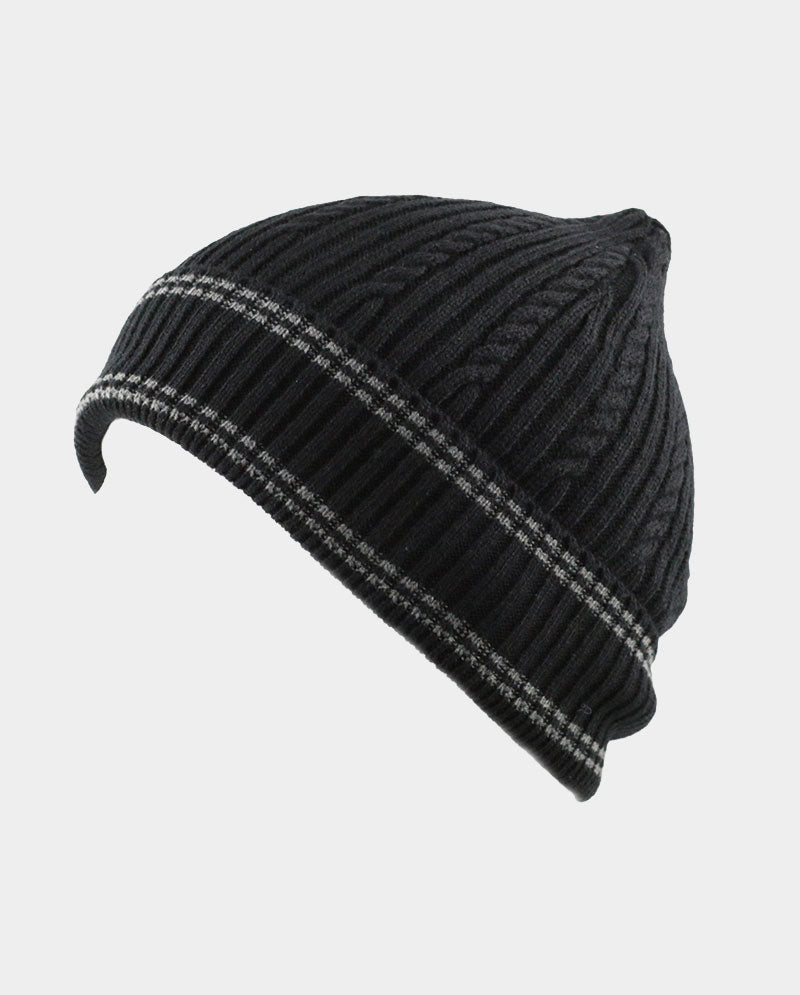 Cable Knit Cuffed Basic Beanie and Beanie with Line Stripe