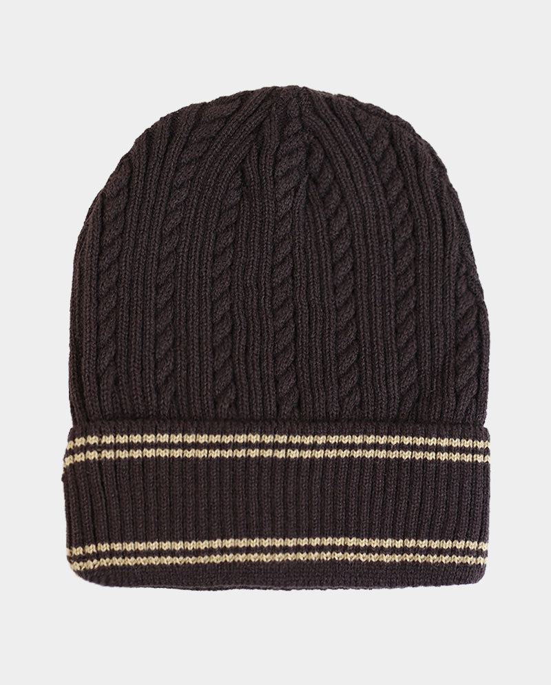 Cable Knit Cuffed Basic Beanie and Beanie with Line Stripe