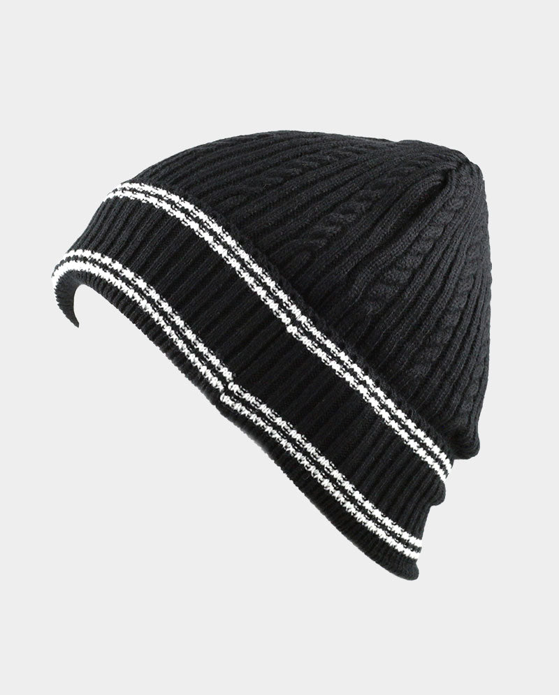 Cable Knit Cuffed Basic Beanie and Beanie with Line Stripe