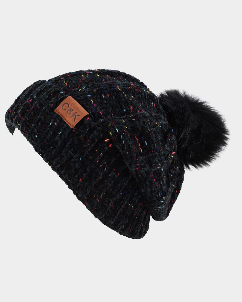 Chenille Knit Pom Beanie with Speckled Detail