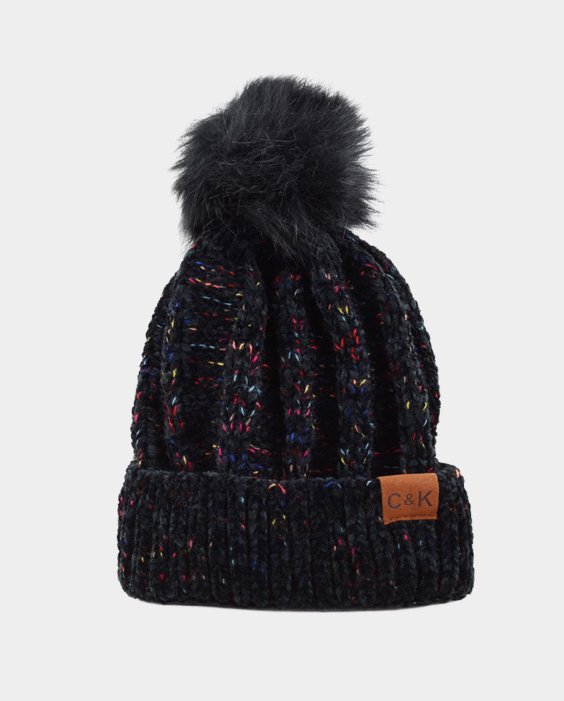 Chenille Knit Pom Beanie with Speckled Detail