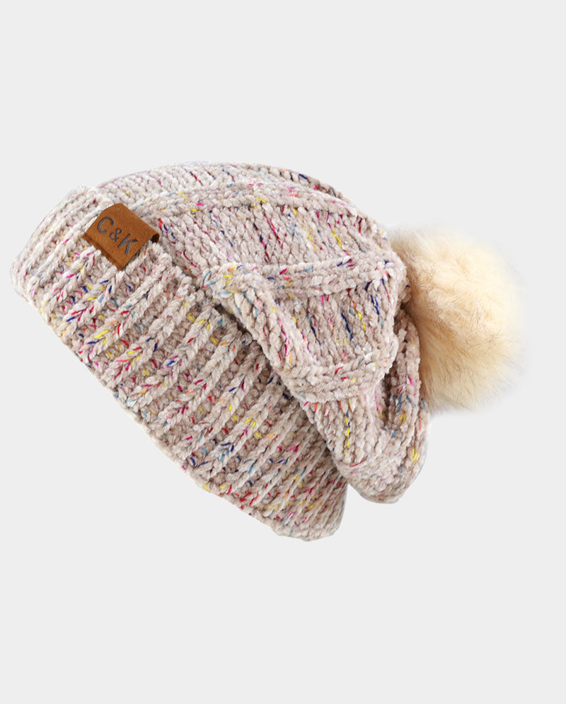 Chenille Knit Pom Beanie with Speckled Detail