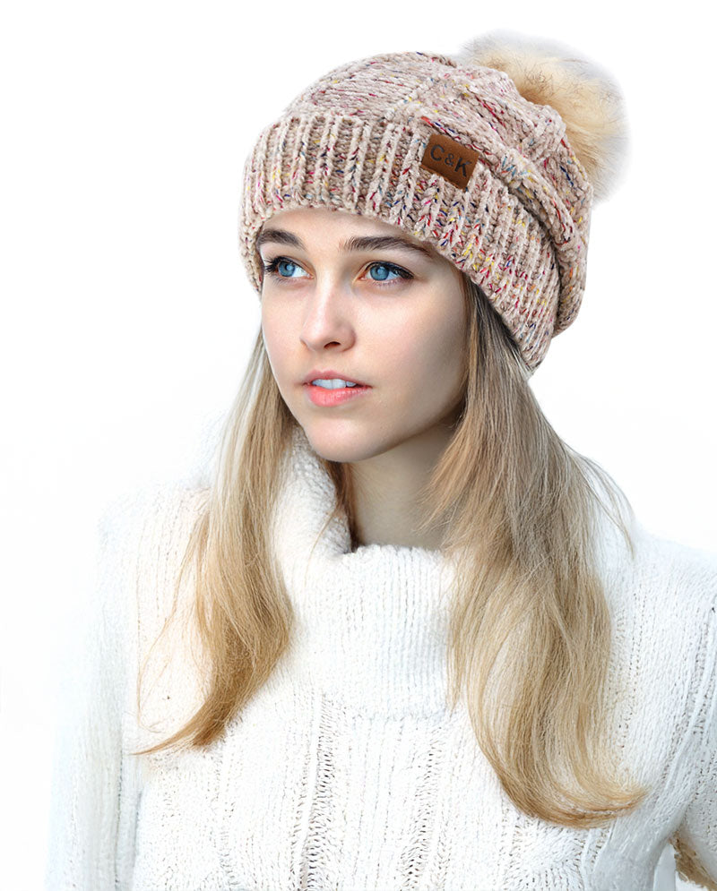 Chenille Knit Pom Beanie with Speckled Detail