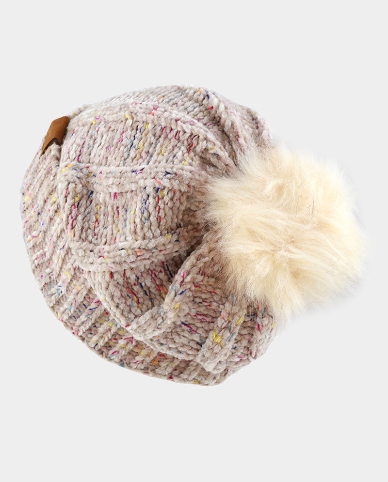 Chenille Knit Pom Beanie with Speckled Detail