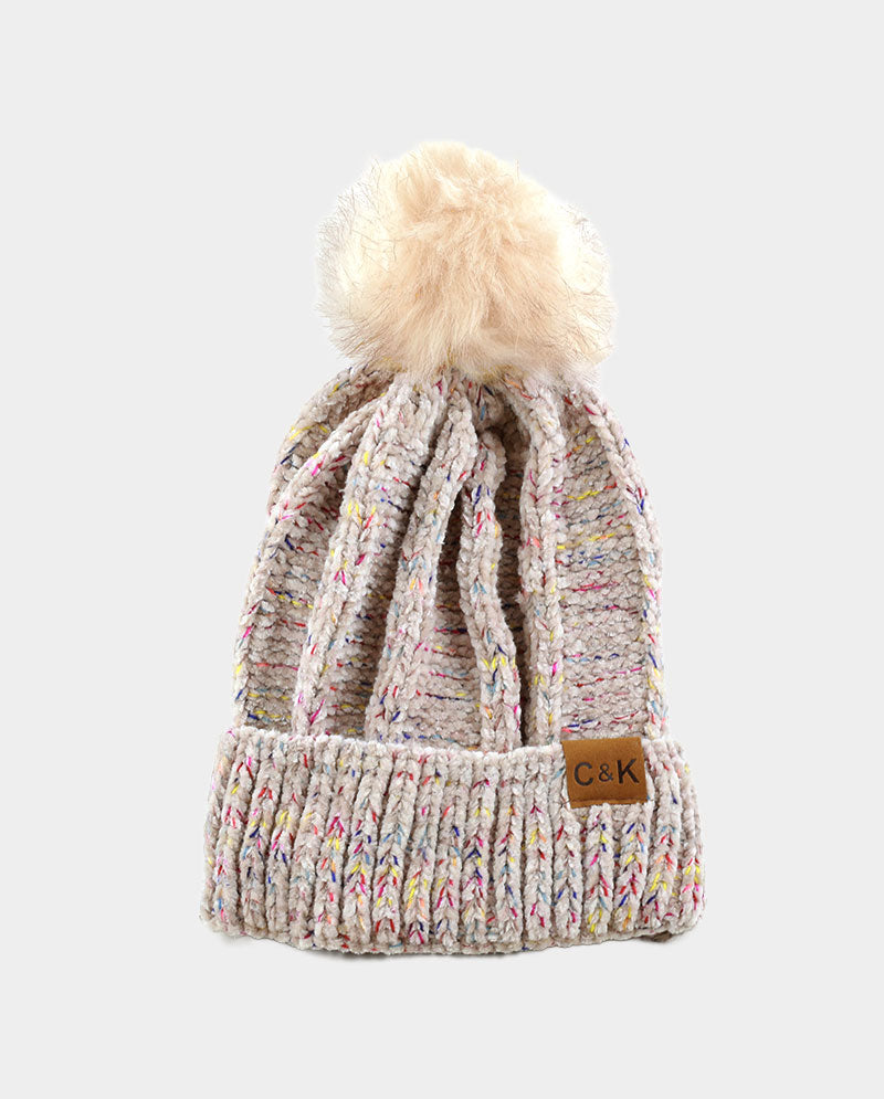 Chenille Knit Pom Beanie with Speckled Detail