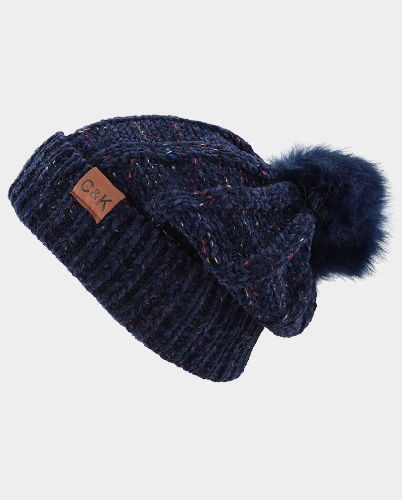 Chenille Knit Pom Beanie with Speckled Detail