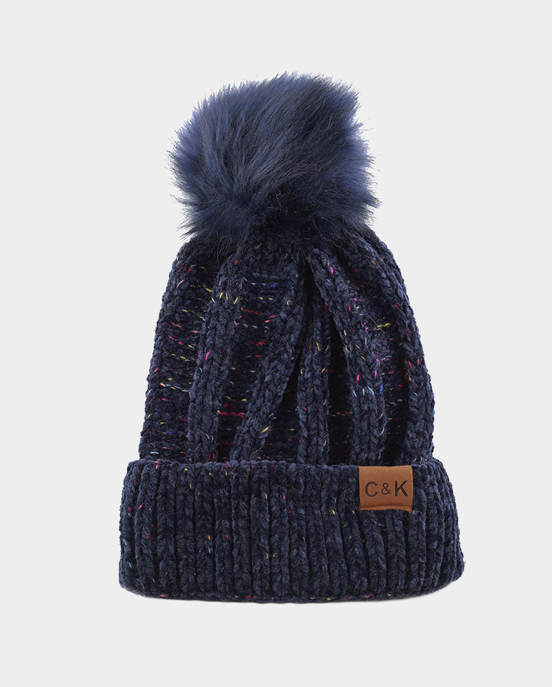Chenille Knit Pom Beanie with Speckled Detail
