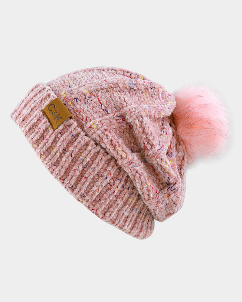 Chenille Knit Pom Beanie with Speckled Detail