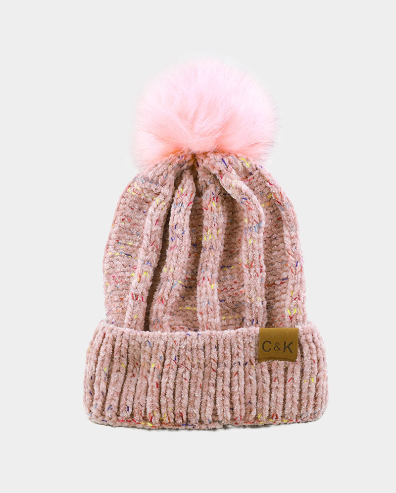 Chenille Knit Pom Beanie with Speckled Detail