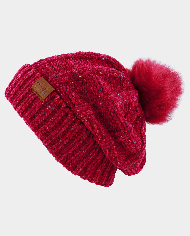 Chenille Knit Pom Beanie with Speckled Detail