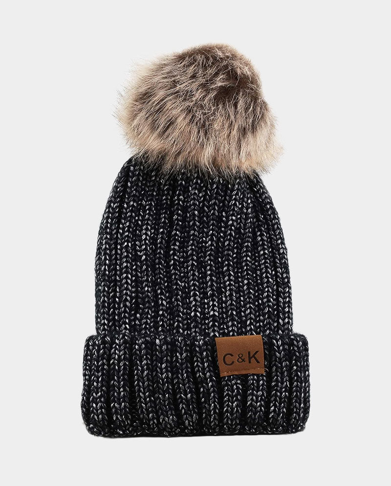 Faux Fur Pom Knit Beanie – Cozy Winter Cuffed Hat