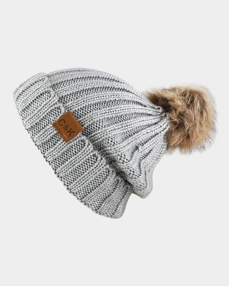 Faux Fur Pom Knit Beanie – Cozy Winter Cuffed Hat