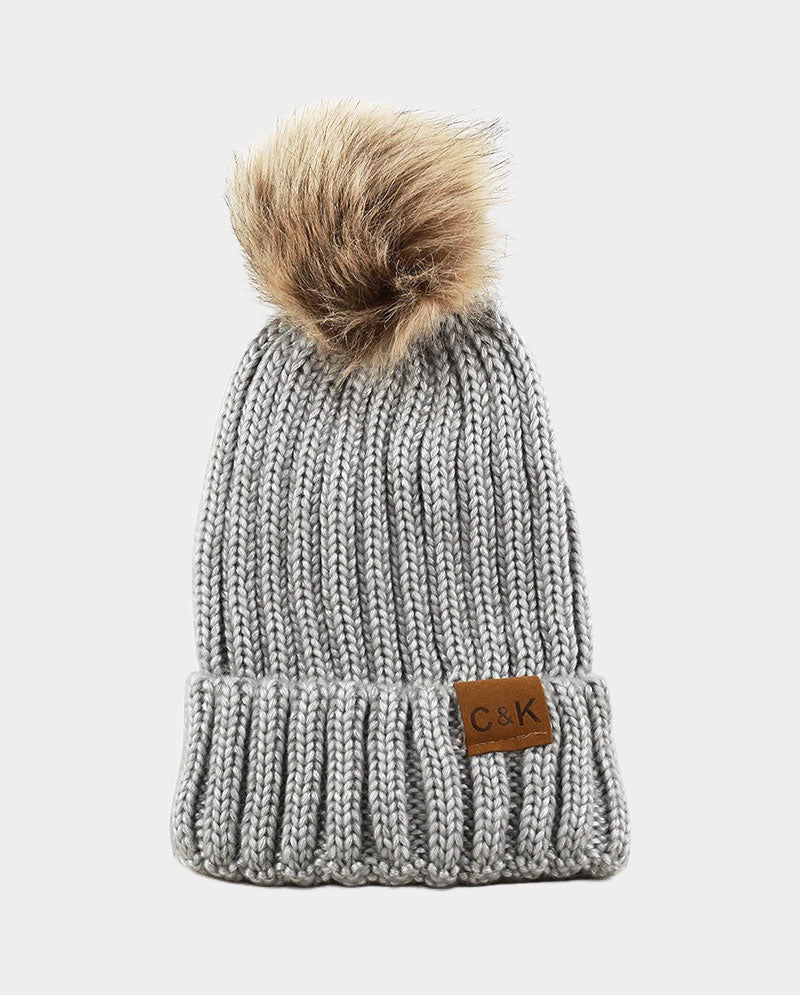 Faux Fur Pom Knit Beanie – Cozy Winter Cuffed Hat