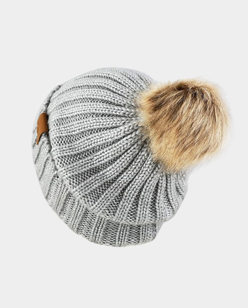Faux Fur Pom Knit Beanie – Cozy Winter Cuffed Hat