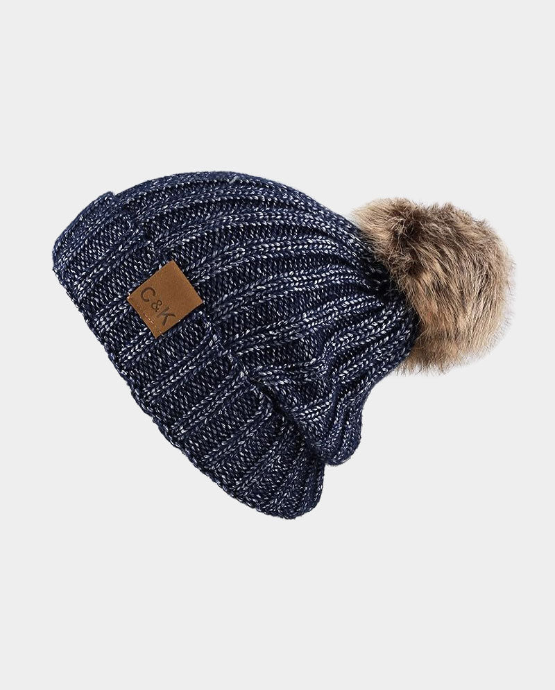 Faux Fur Pom Knit Beanie – Cozy Winter Cuffed Hat