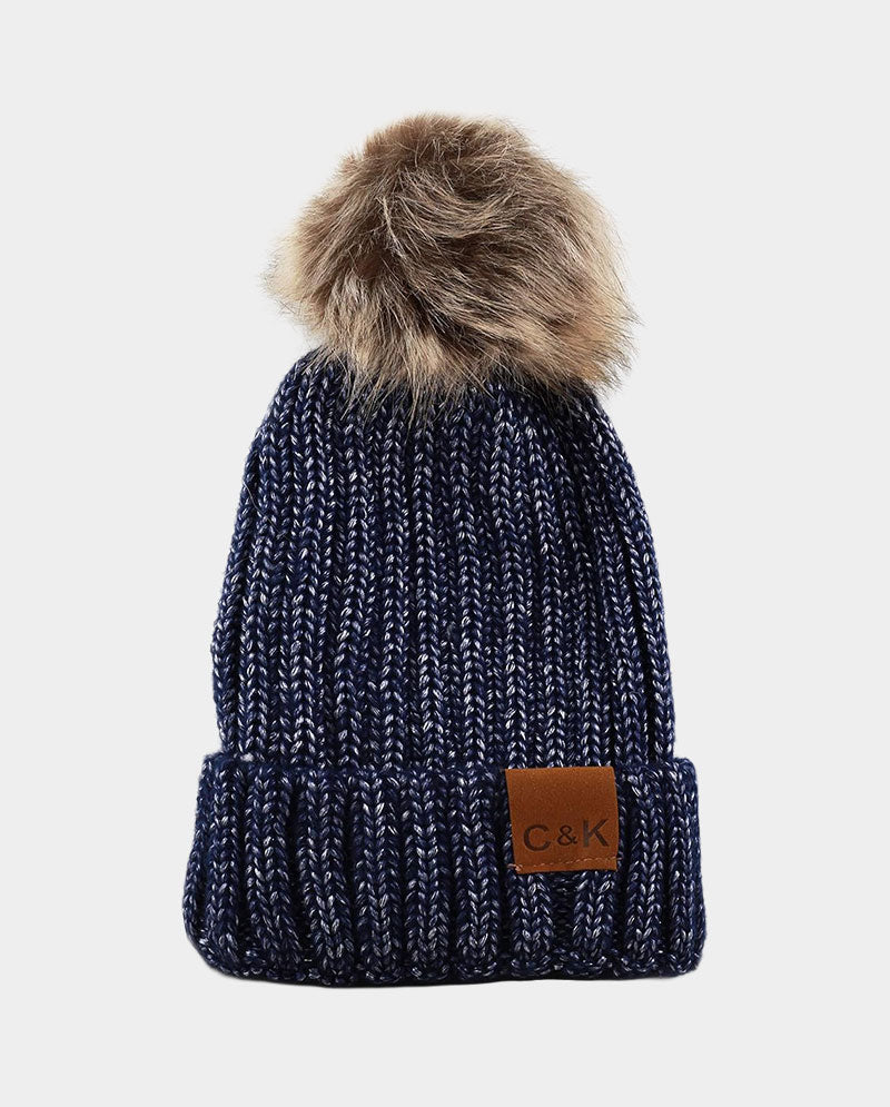 Faux Fur Pom Knit Beanie – Cozy Winter Cuffed Hat