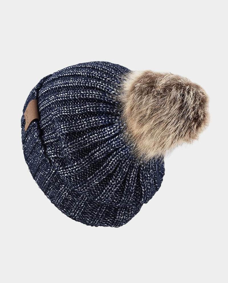 Faux Fur Pom Knit Beanie – Cozy Winter Cuffed Hat