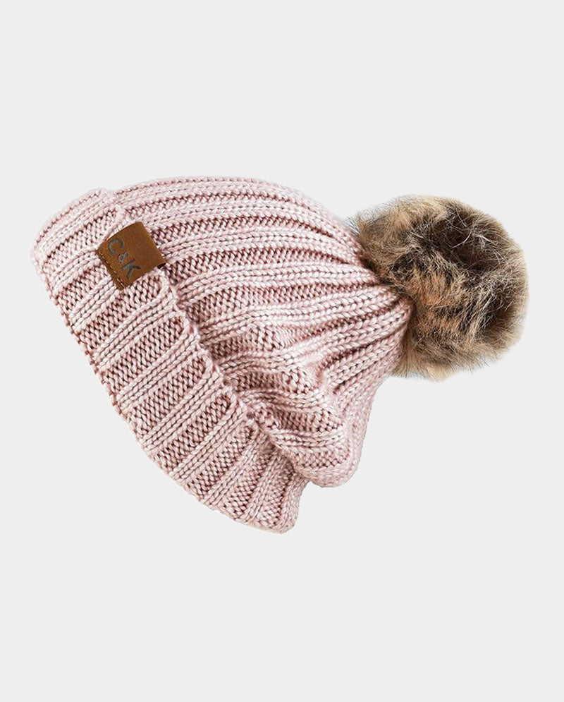 Faux Fur Pom Knit Beanie – Cozy Winter Cuffed Hat