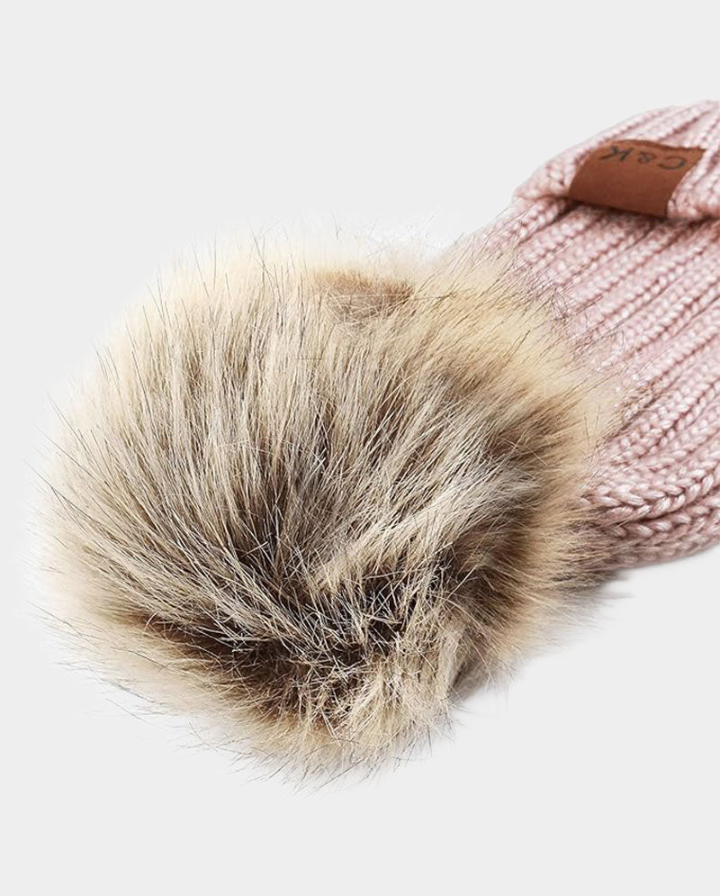 Faux Fur Pom Knit Beanie – Cozy Winter Cuffed Hat