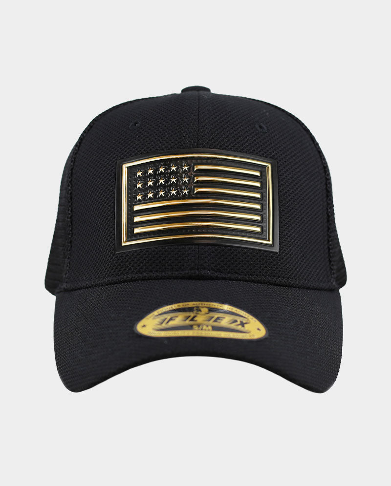 Mesh Trucker Cap – 100% Polyester with Raised Gold and Silver Flag Patch