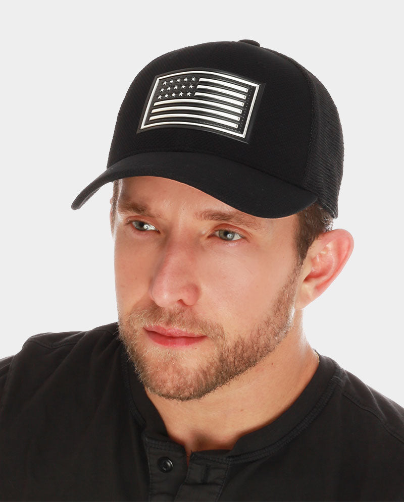 Mesh Trucker Cap – 100% Polyester with Raised Gold and Silver Flag Patch
