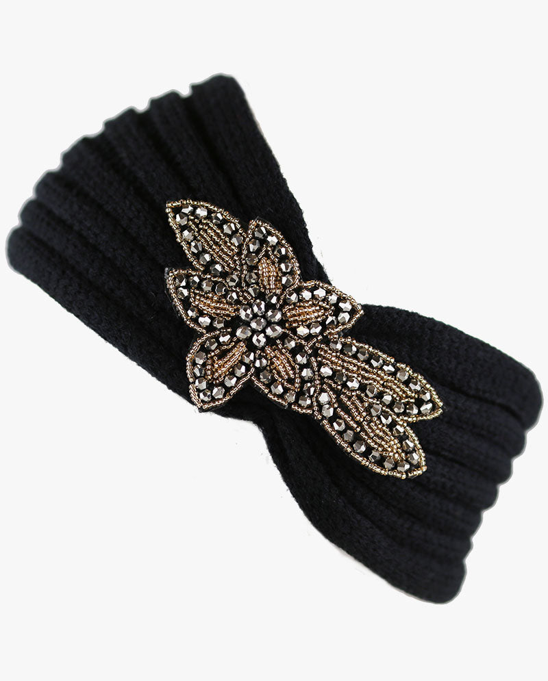 Women's Winter Knit Headband - Soft Ribbed Ear Warmer with Beaded Flower Detail, Stylish Cold Weather Hairband for Women