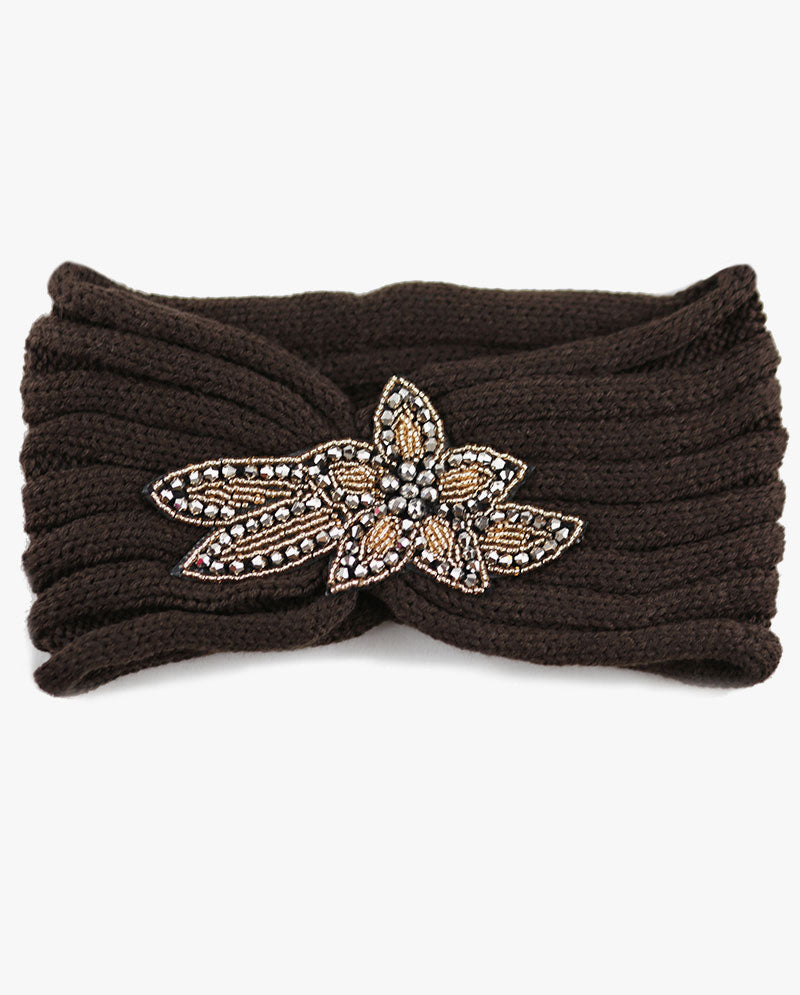 Women's Winter Knit Headband - Soft Ribbed Ear Warmer with Beaded Flower Detail, Stylish Cold Weather Hairband for Women