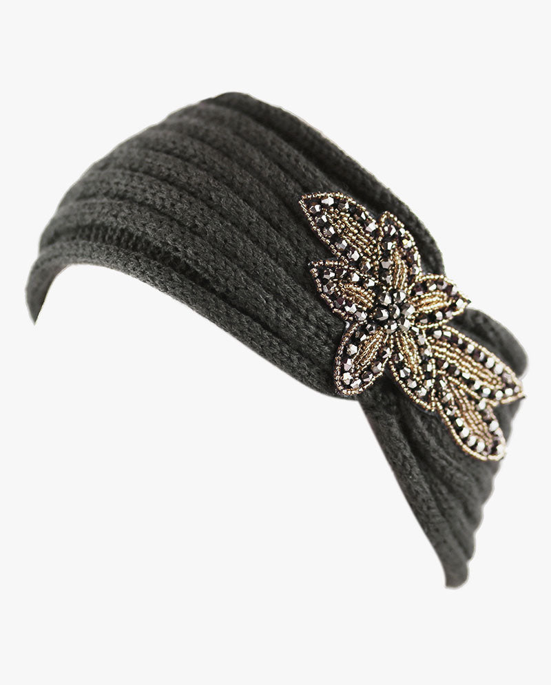 Women's Winter Knit Headband - Soft Ribbed Ear Warmer with Beaded Flower Detail, Stylish Cold Weather Hairband for Women