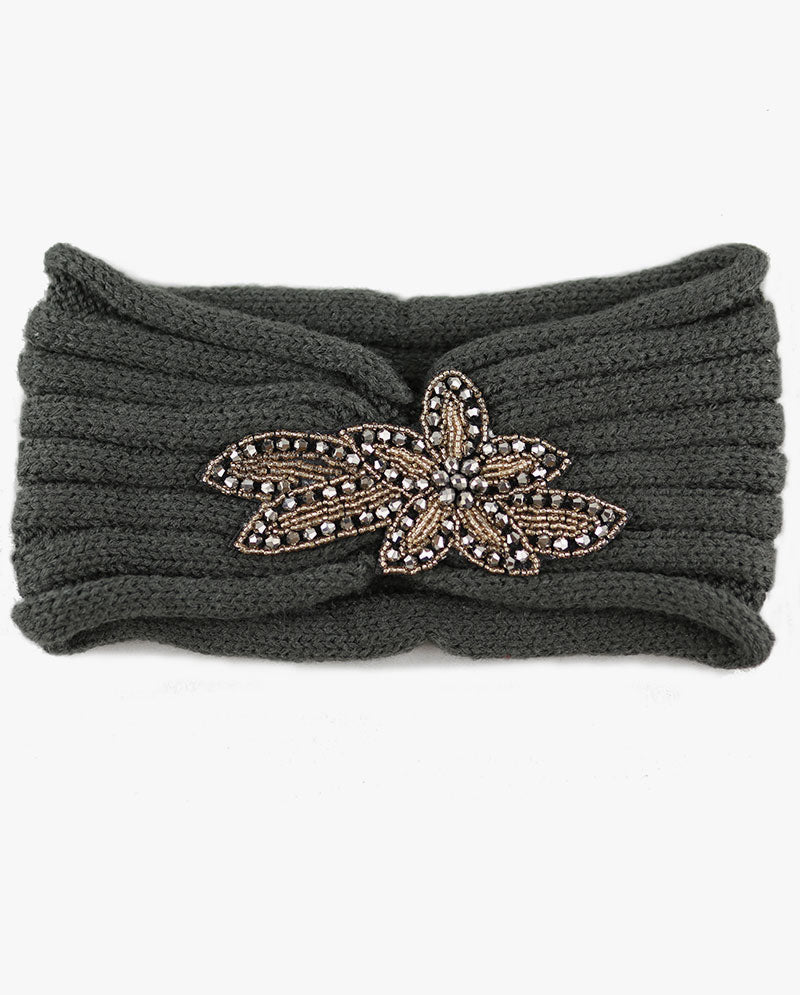 Women's Winter Knit Headband - Soft Ribbed Ear Warmer with Beaded Flower Detail, Stylish Cold Weather Hairband for Women