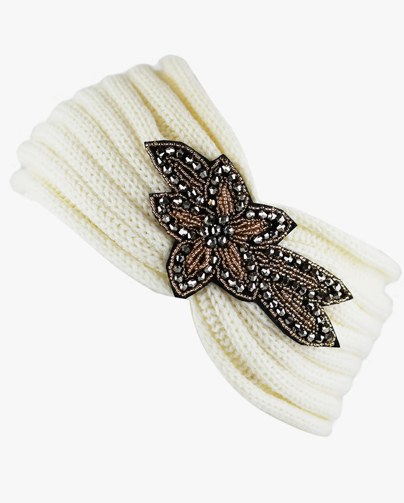 Women's Winter Knit Headband - Soft Ribbed Ear Warmer with Beaded Flower Detail, Stylish Cold Weather Hairband for Women