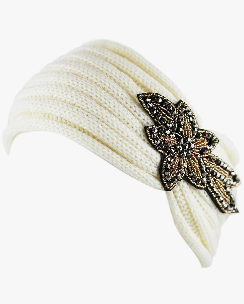 Women's Winter Knit Headband - Soft Ribbed Ear Warmer with Beaded Flower Detail, Stylish Cold Weather Hairband for Women