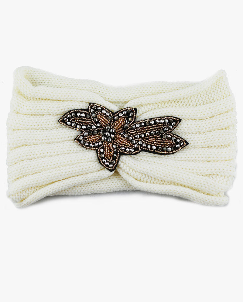 Women's Winter Knit Headband - Soft Ribbed Ear Warmer with Beaded Flower Detail, Stylish Cold Weather Hairband for Women