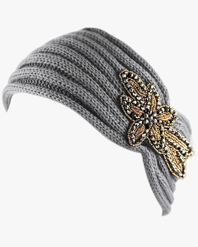 Women's Winter Knit Headband - Soft Ribbed Ear Warmer with Beaded Flower Detail, Stylish Cold Weather Hairband for Women