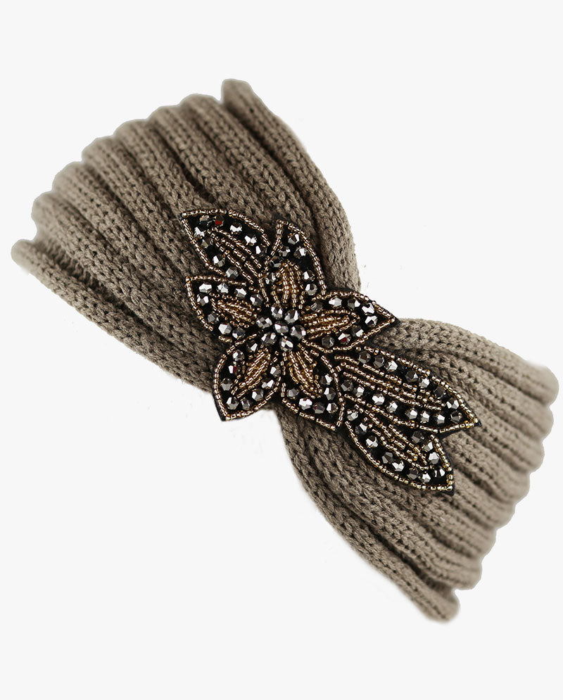 Women's Winter Knit Headband - Soft Ribbed Ear Warmer with Beaded Flower Detail, Stylish Cold Weather Hairband for Women
