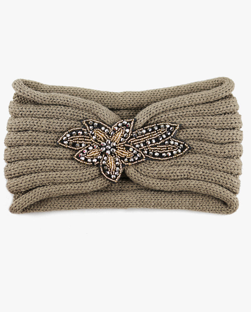 Women's Winter Knit Headband - Soft Ribbed Ear Warmer with Beaded Flower Detail, Stylish Cold Weather Hairband for Women