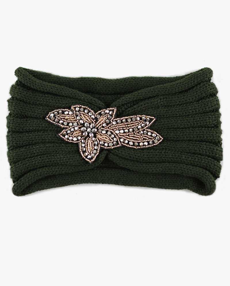 Women's Winter Knit Headband - Soft Ribbed Ear Warmer with Beaded Flower Detail, Stylish Cold Weather Hairband for Women