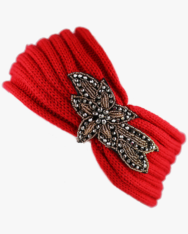 Women's Winter Knit Headband - Soft Ribbed Ear Warmer with Beaded Flower Detail, Stylish Cold Weather Hairband for Women