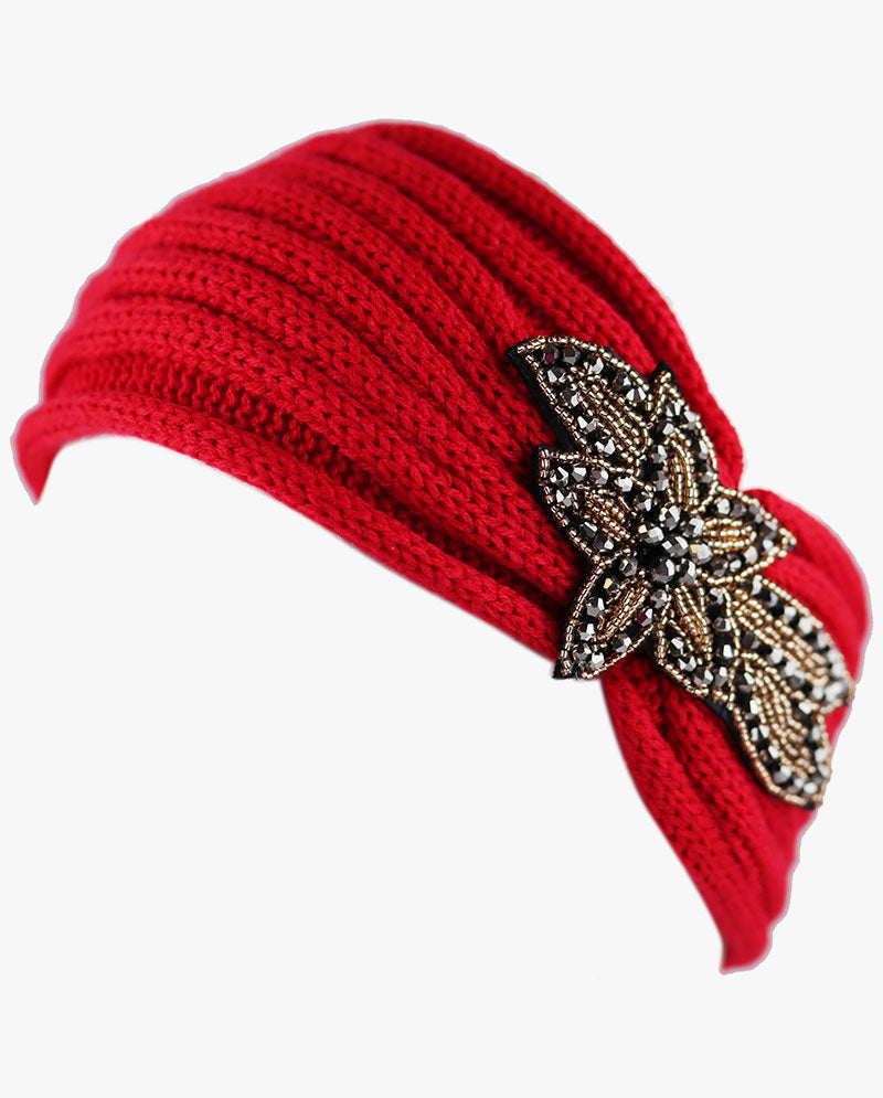 Women's Winter Knit Headband - Soft Ribbed Ear Warmer with Beaded Flower Detail, Stylish Cold Weather Hairband for Women
