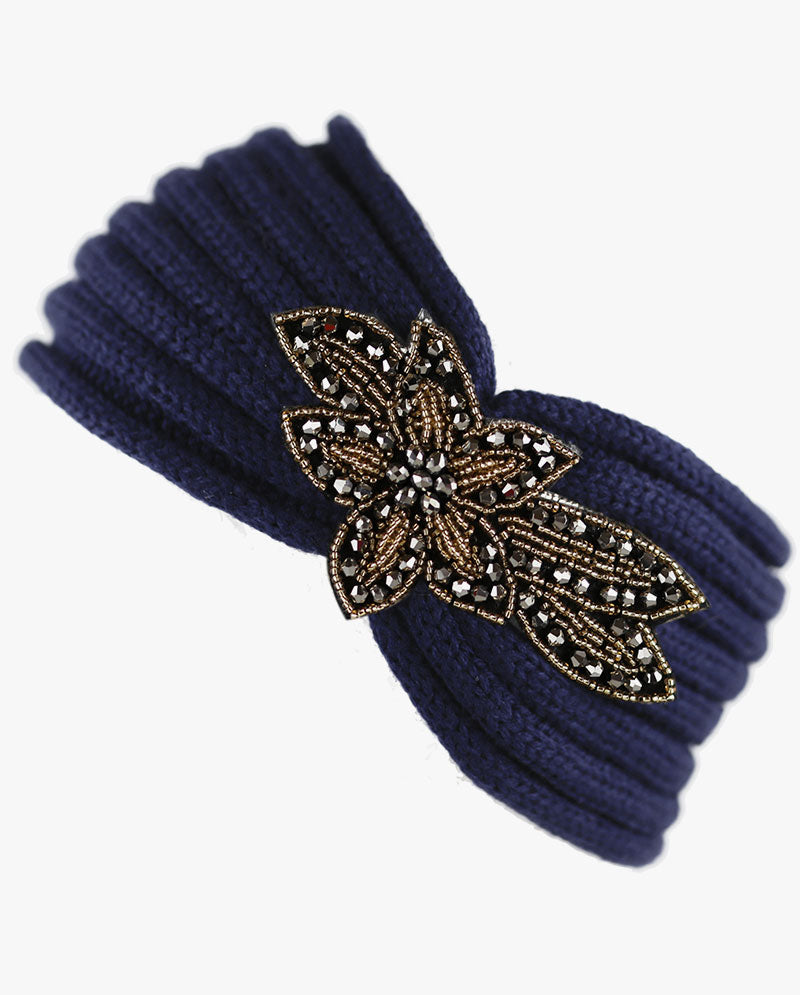 Women's Winter Knit Headband - Soft Ribbed Ear Warmer with Beaded Flower Detail, Stylish Cold Weather Hairband for Women