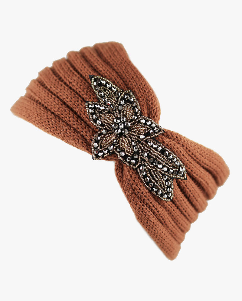 Women's Winter Knit Headband - Soft Ribbed Ear Warmer with Beaded Flower Detail, Stylish Cold Weather Hairband for Women