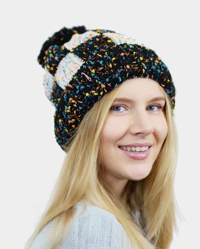 Knit Pom-Pom Beanie in Black with Multicolor Flecks Beauty. Colourful Hat With Black Pom Pom Beanie With Pom Pom Knit  main image 4