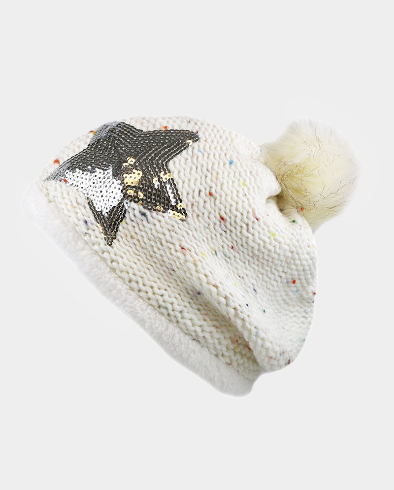 Acrylic Knit Pom Beanie – 100% Acrylic with Faux Fur Lining & Sequin Star Detail
