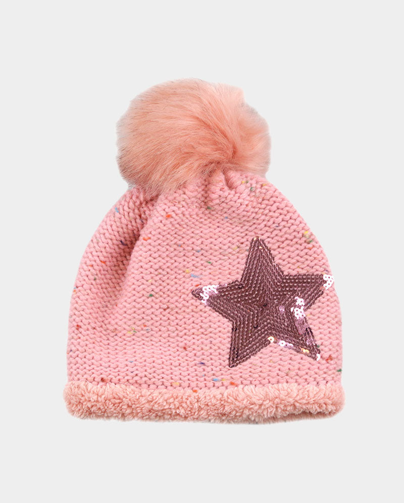 Acrylic Knit Pom Beanie – 100% Acrylic with Faux Fur Lining & Sequin Star Detail
