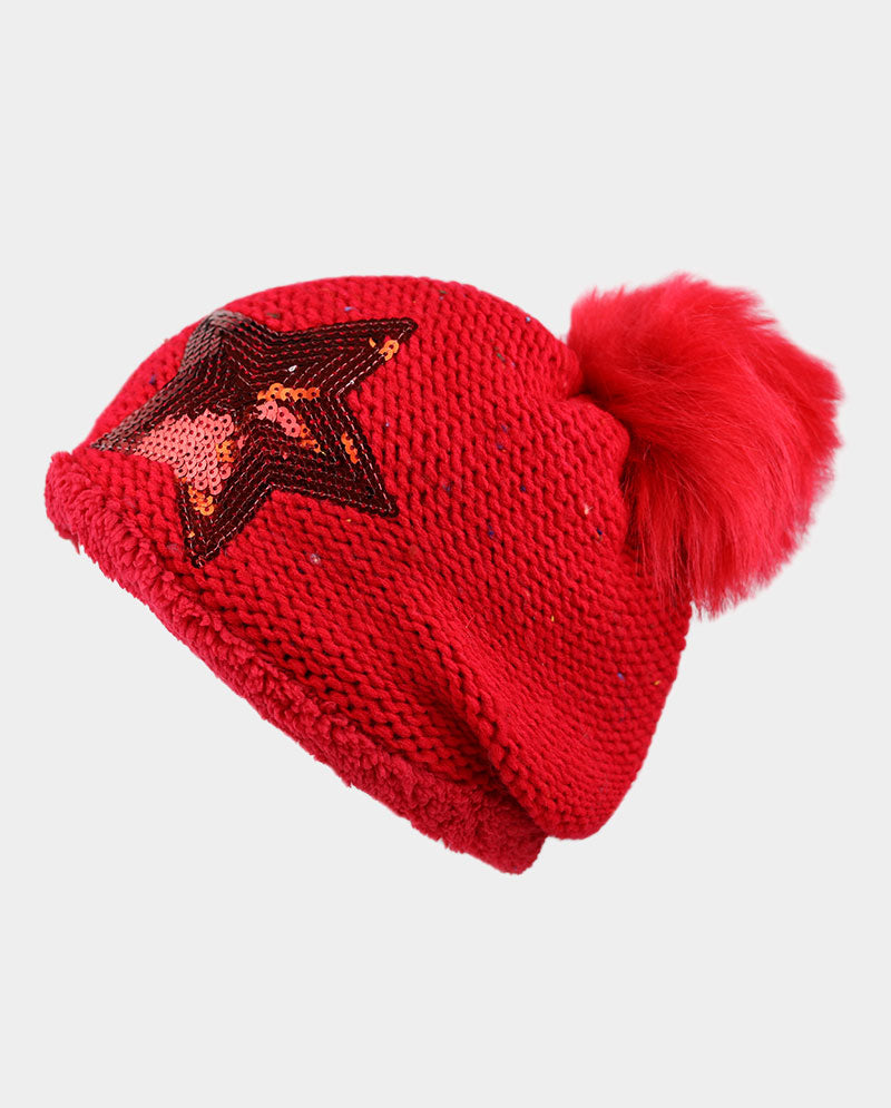 Acrylic Knit Pom Beanie – 100% Acrylic with Faux Fur Lining & Sequin Star Detail