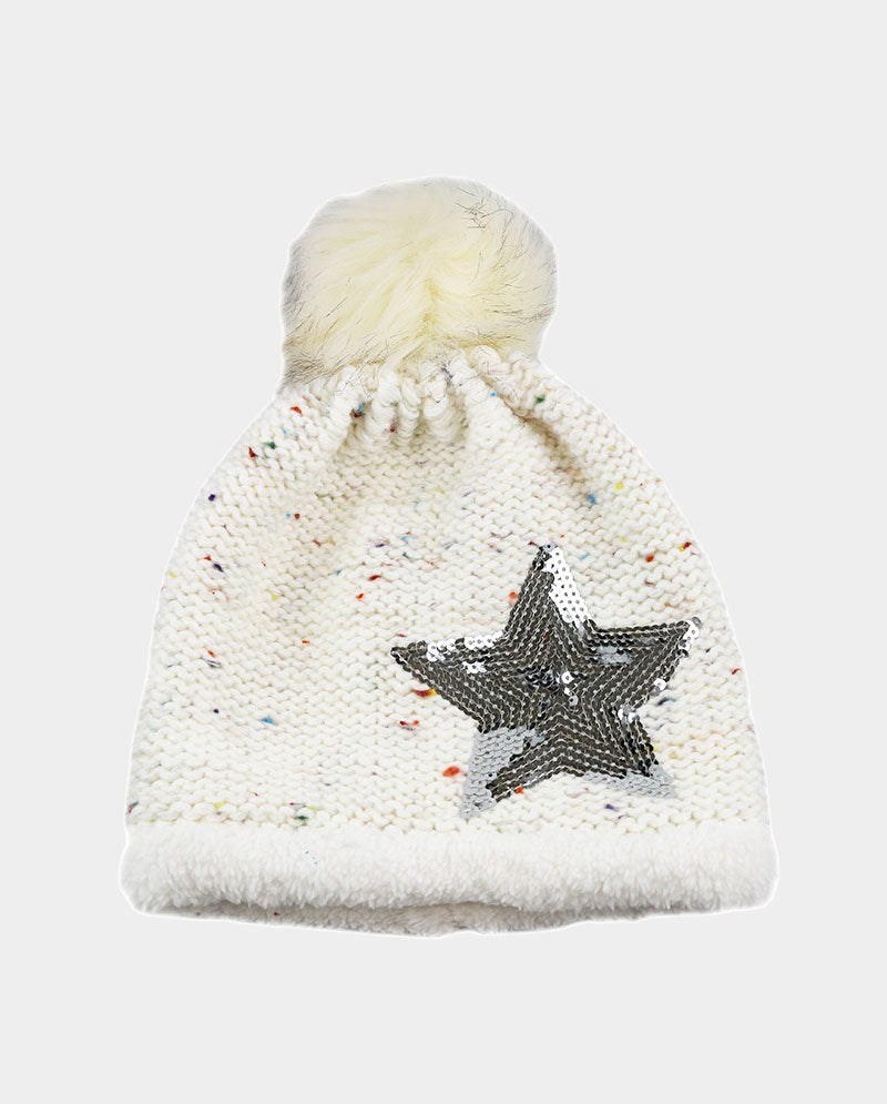Acrylic Knit Pom Beanie – 100% Acrylic with Faux Fur Lining & Sequin Star Detail